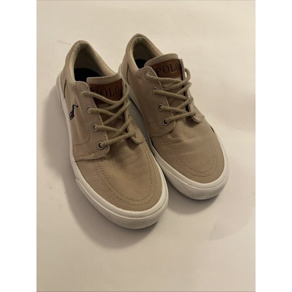 Polo Ralph Lauren Other - Boys Tan Polo Ralph Lauren Lace Up Canvas Sneaker Dress Shoes Size 4Y Logo